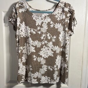PerSeption Concept Brown and White Floral Short Sleeve Blouse